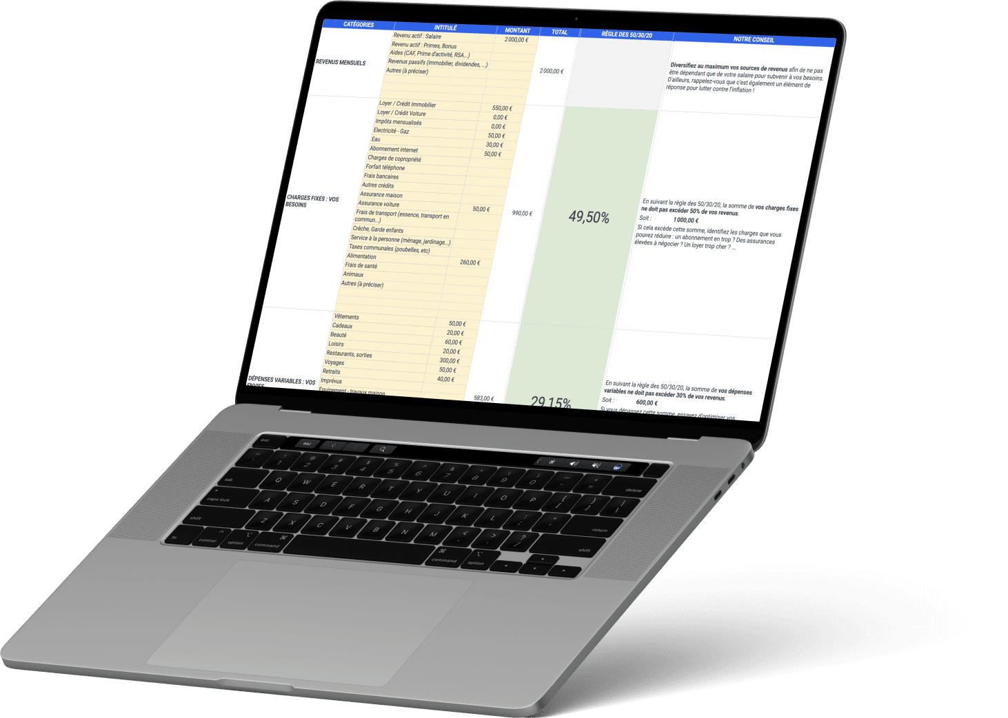 Un ordinateur portable affichant línterface de l'outil de gestion budgétaire