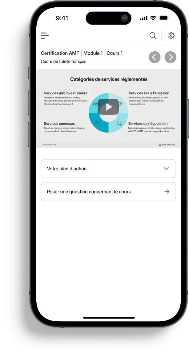 Interface de cours AMF sur un appareil mobile