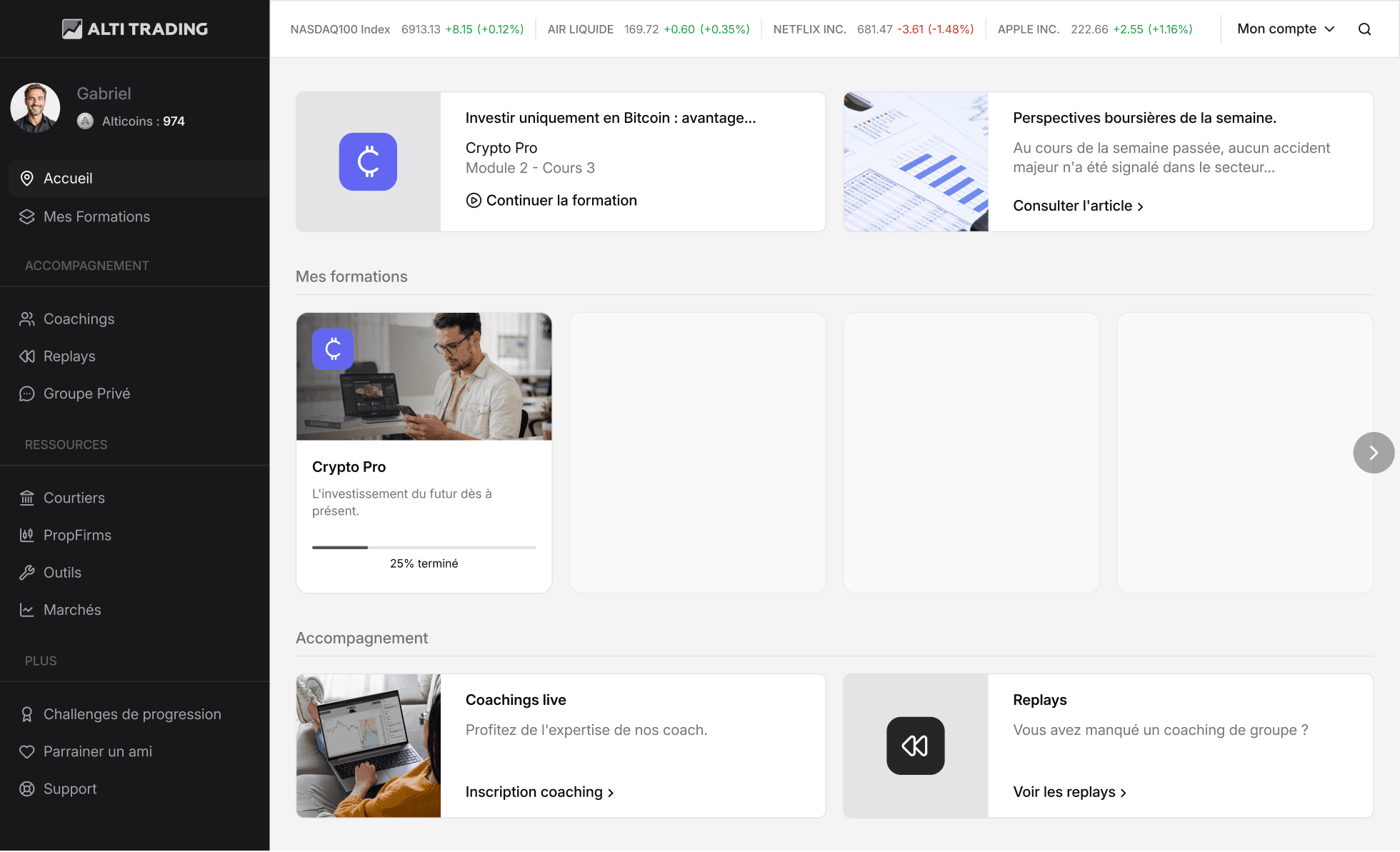 Interface d'accueil de la plateforme de formation ALTI TRADING