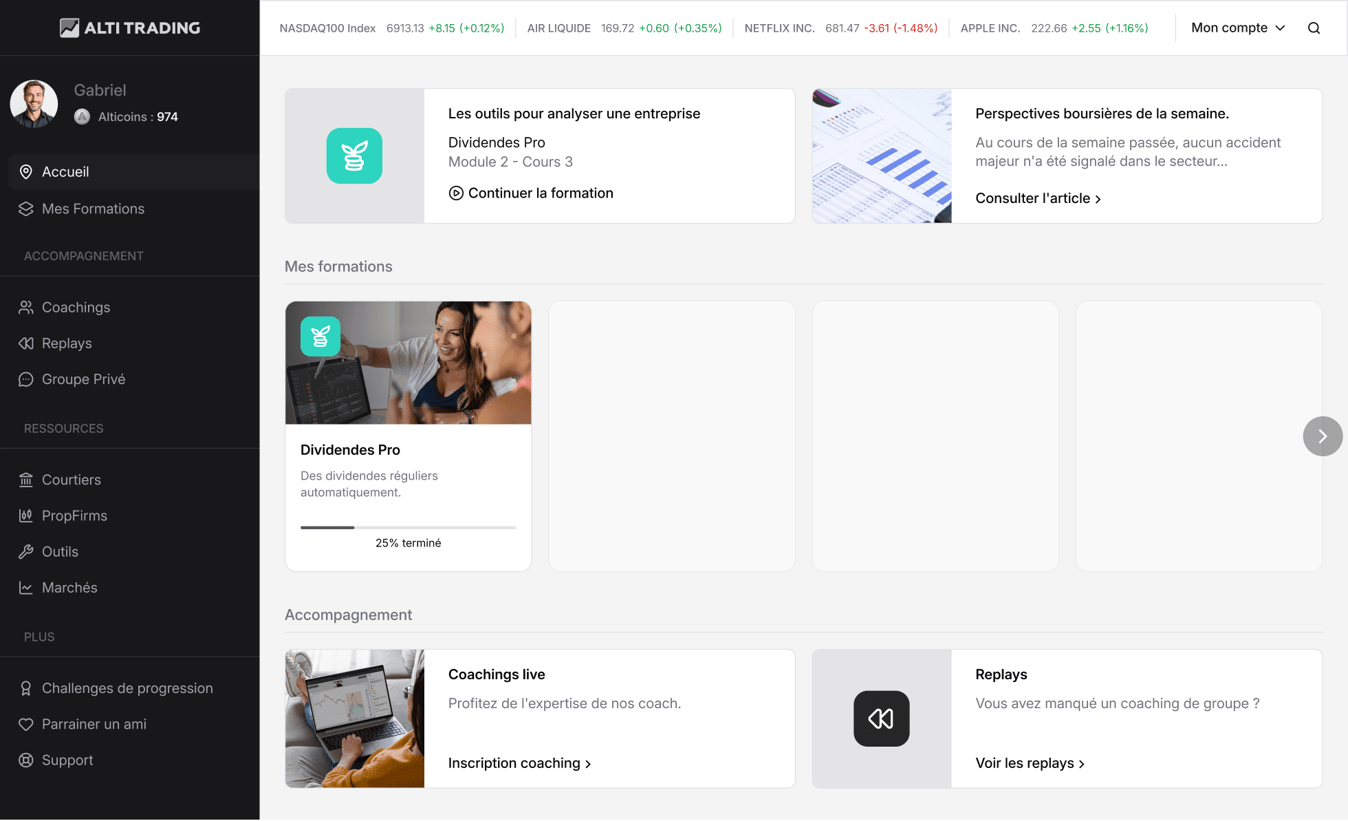 Interface d'accueil de la plateforme de formation ALTI TRADING