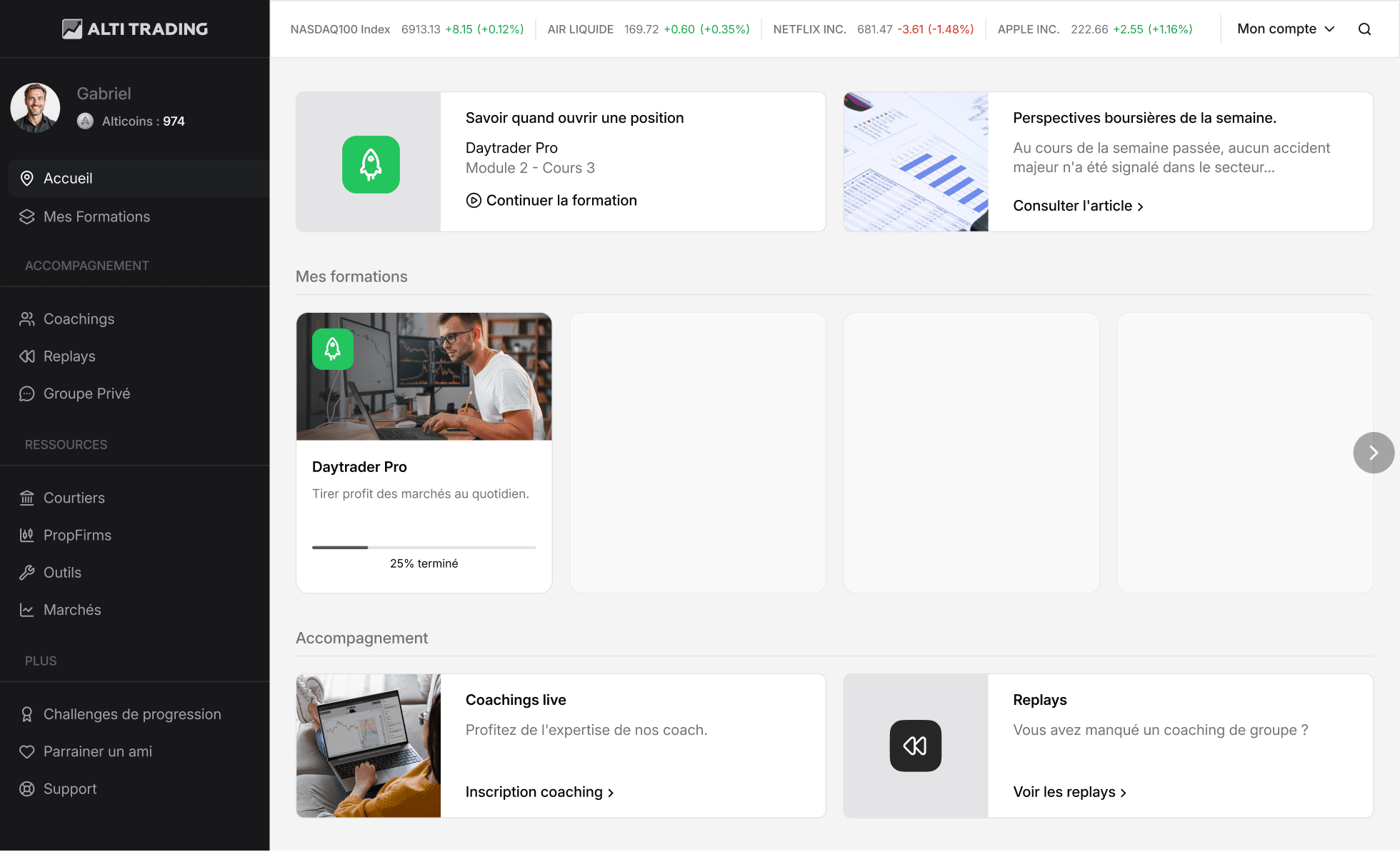 Interface d'accueil de la plateforme de formation ALTI TRADING