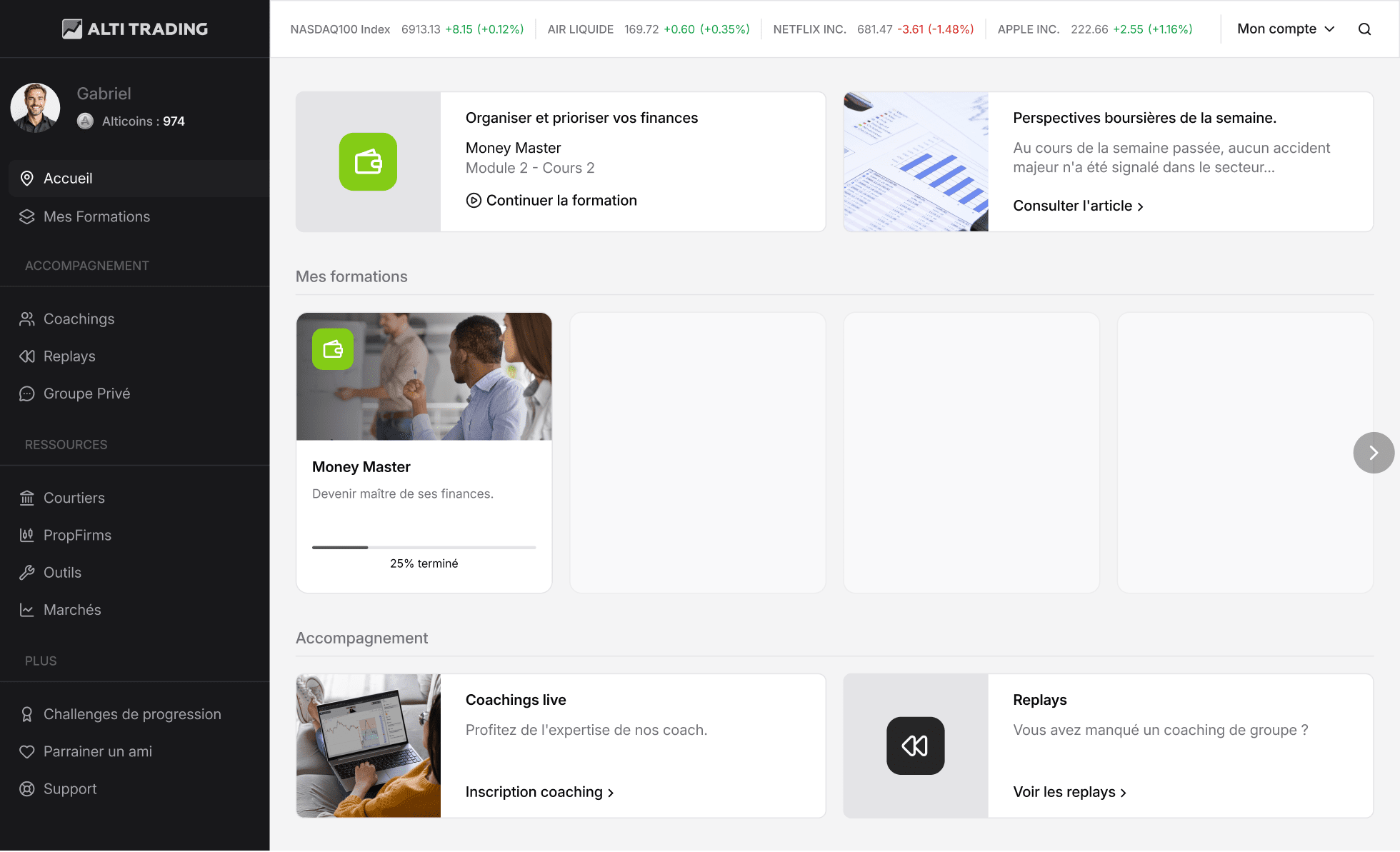 Interface d'accueil de la plateforme de formation ALTI TRADING
