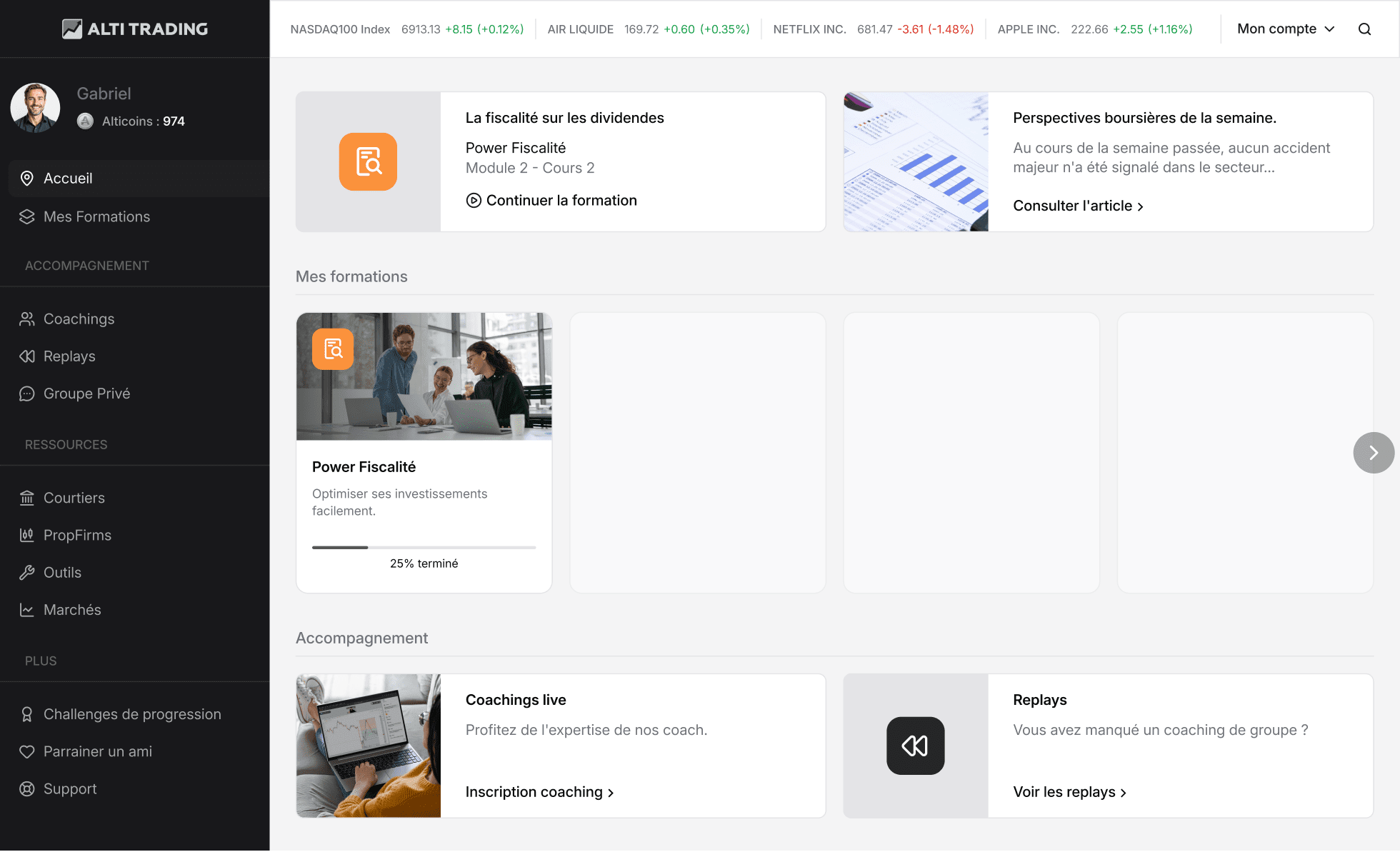 Interface d'accueil de la plateforme de formation ALTI TRADING
