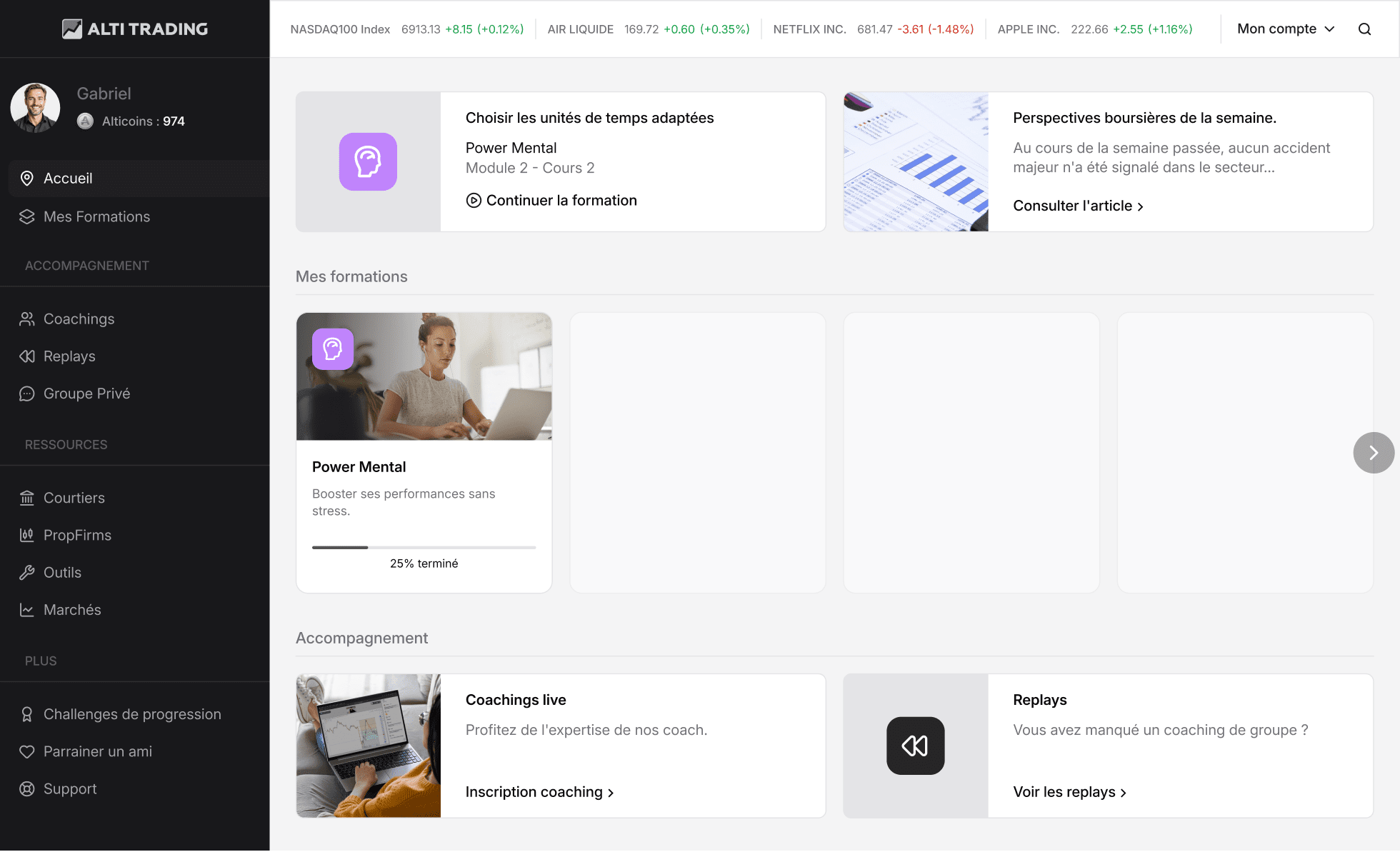 Interface d'accueil de la plateforme de formation ALTI TRADING
