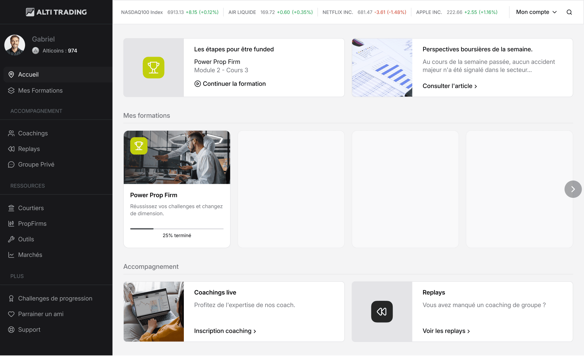 Interface d'accueil de la plateforme de formation ALTI TRADING