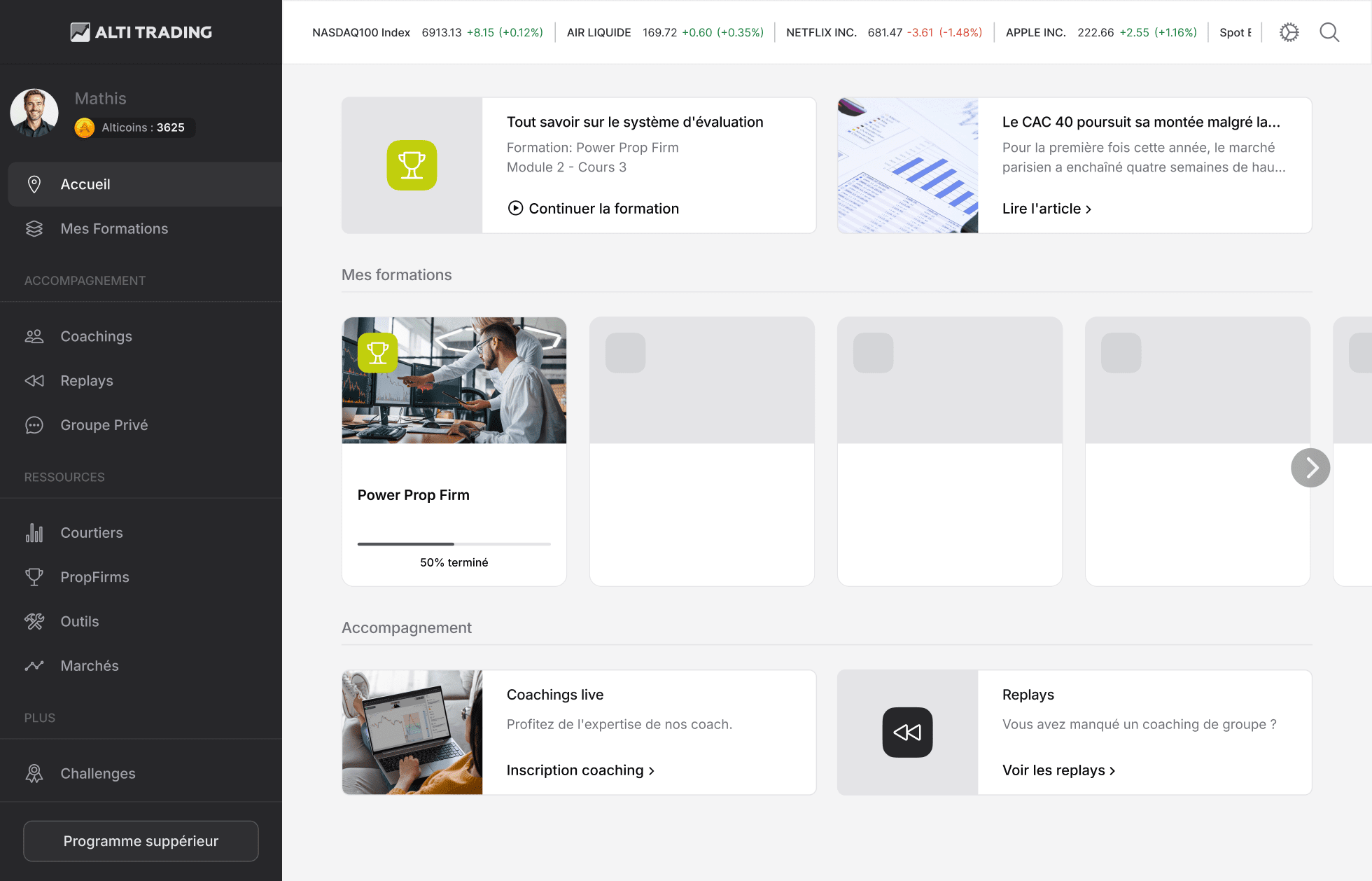 Interface d'accueil de la plateforme de formation ALTI TRADING