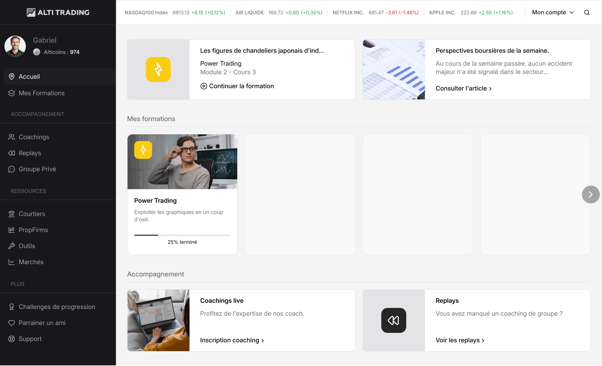 Interface d'accueil de la plateforme de formation ALTI TRADING