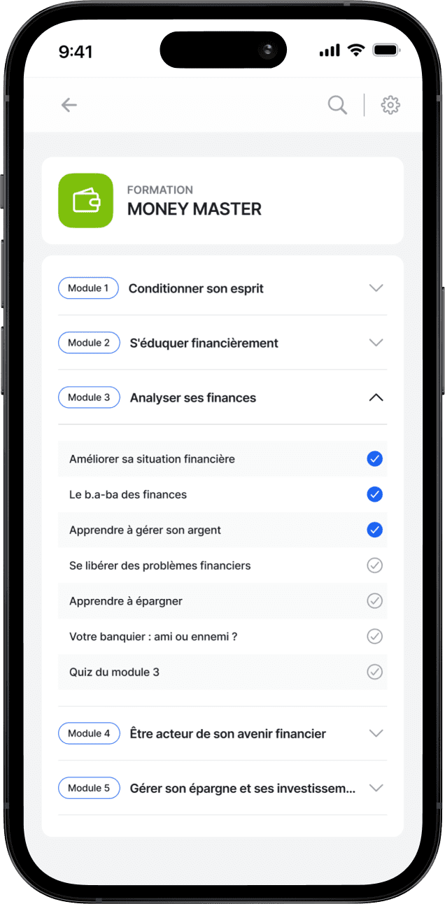 Smartphone affichant la liste des cours de la formation Money Master