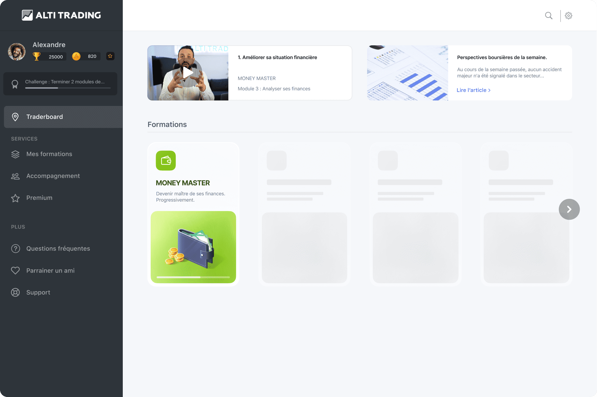 Interface d'accueil de la plateforme de formation ALTI TRADING